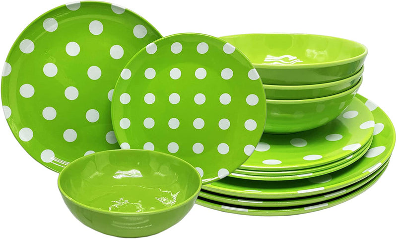 ITALIA 12pcs 11" Melamine dinner set  Polka Dot 4pcs bowl+4pcs dinner plate+4pcs salad plate Green