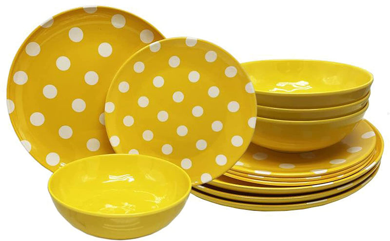 ITALIA 12pcs 11" Melamine dinner set  Polka Dot 4pcs bowl+4pcs dinner plate+4pcs salad plate Yellow